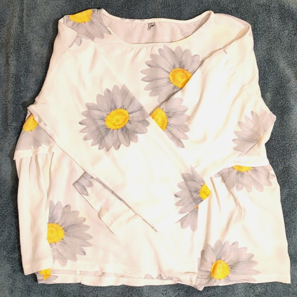 Misslook blouse, XXL, white with daisies